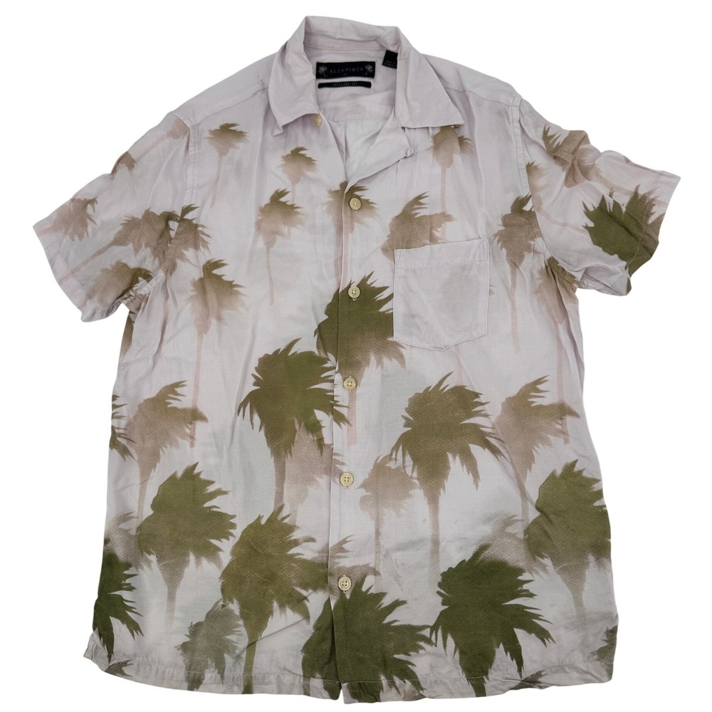 AllSaints Shirt Palm Print Button Down Mens XS Lilac Relaxed Fit Short Sleeve